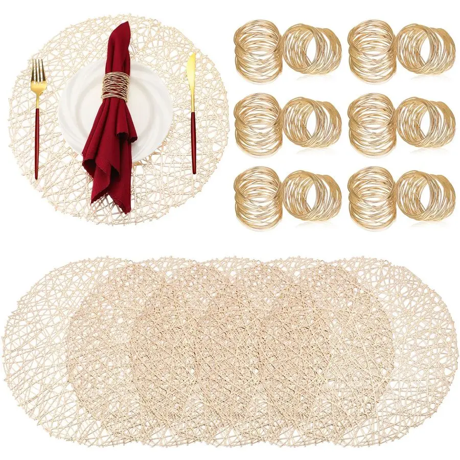 

of 12 Woven Gold Placemats Hollow Out Holiday Metallic Mats Golden Round Placemats Handmade Mesh Napkin Rings Holder Gold Napkin