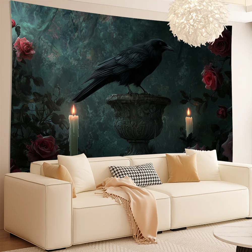 Gothic Black Crow Cemetery Halloween Tapestry Room Decoration Home Decor Bedroom Wall Hanging Fabric