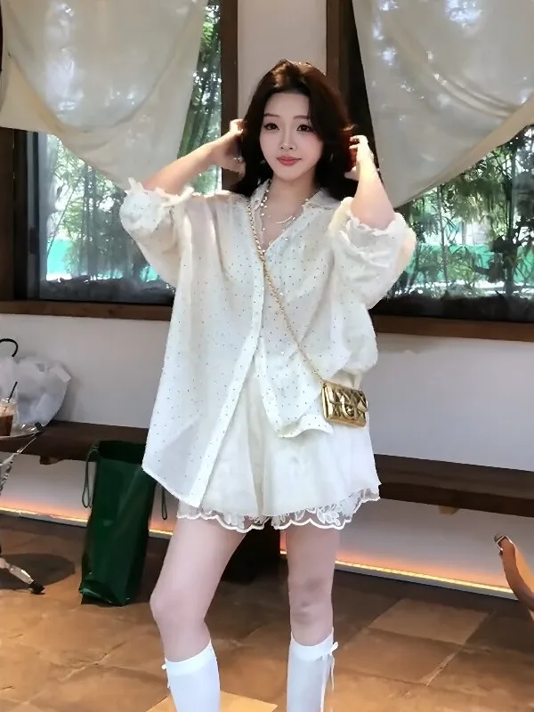 

Casual Sle Long Sve Polka Dot Sun Protection irt Women's Spring Summer Leisure Top Ci Walk V-Ne Button Closure