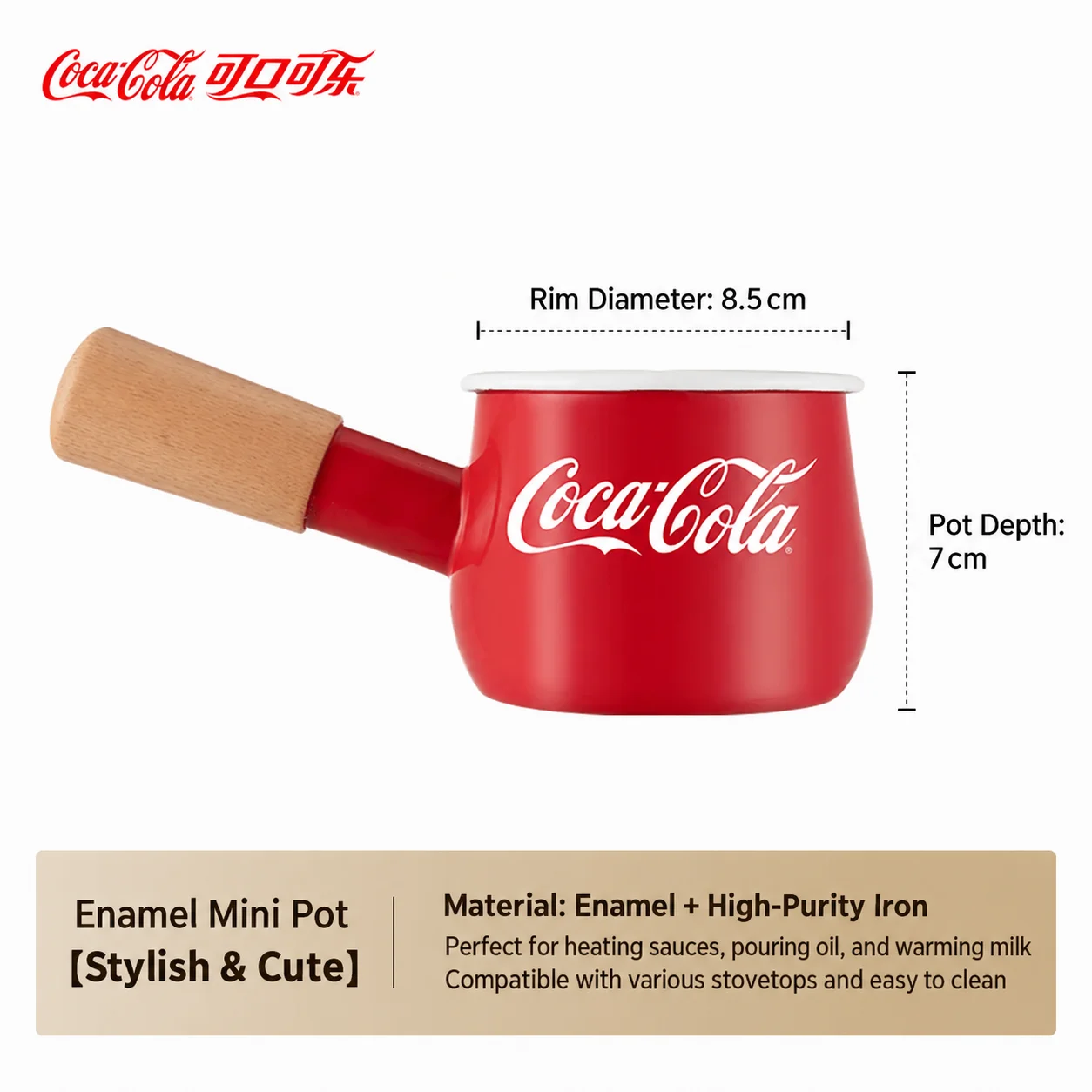 Coca-Cola emaille mini-pan met houten handvat, kleine melkpan voor koffie, saus, boter, gemberthee, geschikt voor gas- en inductiekookplaten.