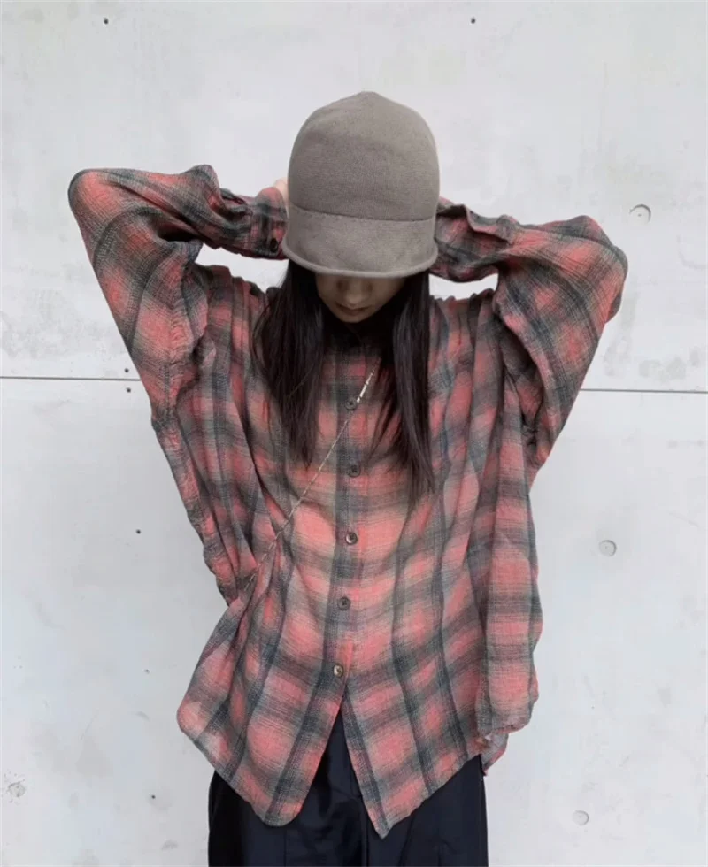 OUR LEGACY Rose Red Checkered Shirt Men Women Gradual Lazy Style Casual Loose Long Sleeved Tops