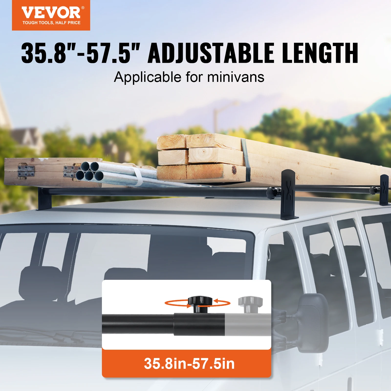 VEVOR Van Roof Ladder Rack 2/3 Bars Alloy Steel Roof Racks 500/750 LBS Capacity Rain-Gutter Roof Rack Van Ladder Rack for Savana