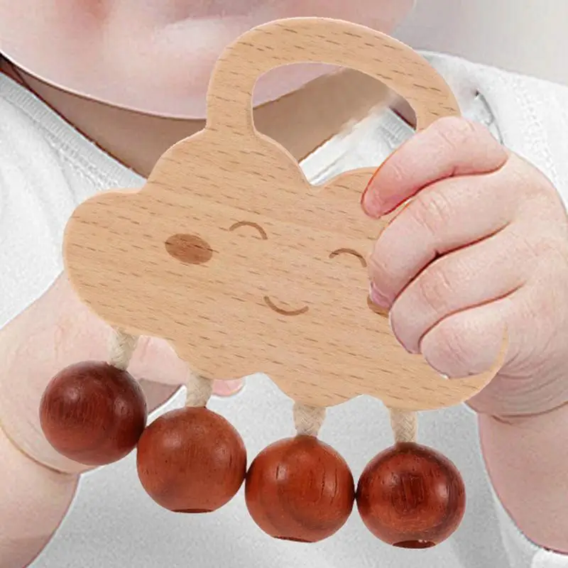 Hand Rattle Toy Cloud Design Teething Toys Natural Wood 0-3 Months No-Paint Kids Chewing Rattle Hand Bell For Boy And Girl