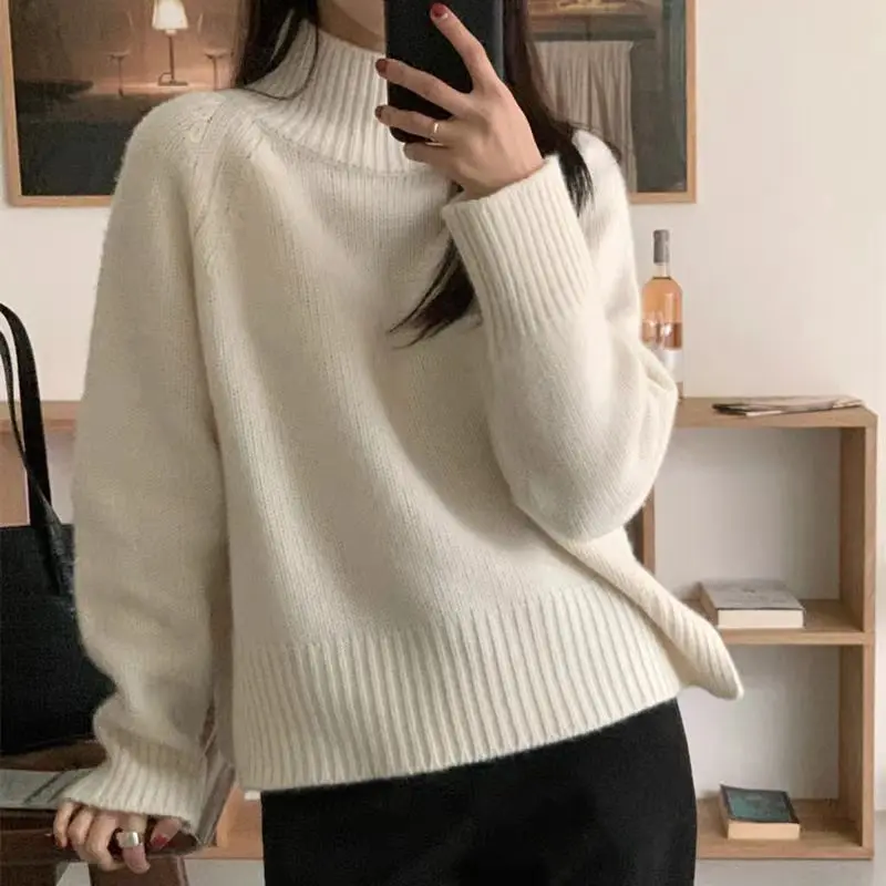 

Women's long sleeved 100% pure wool sweater, casual knitted loose high neck women's pullover sweater, autumn and winter new styl