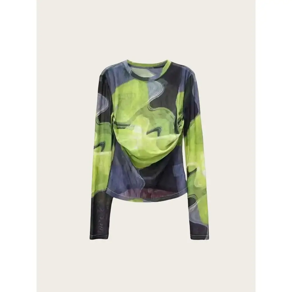 Elegant Printed Mesh Long Sleeve T-Shirt Women's Summer Thin Outerwear Green Sunshade Cover up Top Casual Loose Fit Polyester