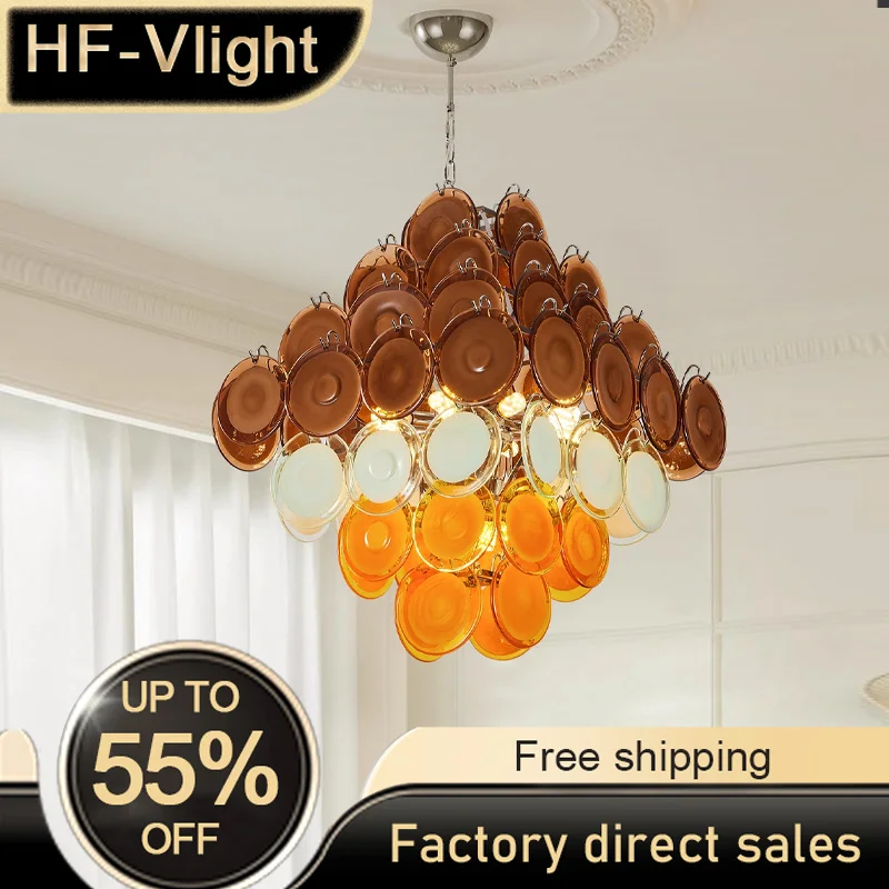 

Murano Vintage Colorful Glass LED Ceiling Chandelier Lighting,Lustre Pendant Home Decoration for Living Room Villa Lamp,Dimmable