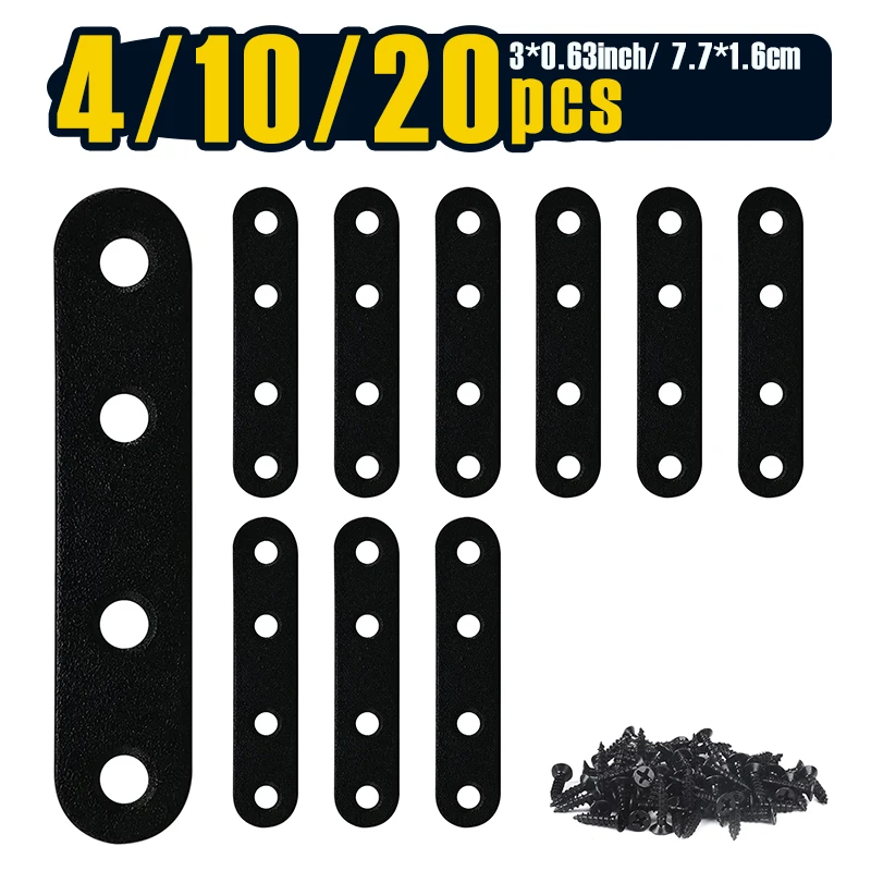 4/ 10/ 20pcs, Black Flat Straight Brace, Metal Mending Brackets, 16/ 40/ 80Pcs Screws (Black, 17x76mm)
