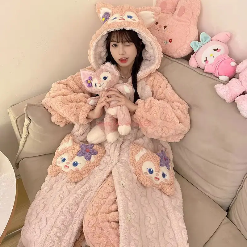 Kawaii Sanrio Hello Hot Kitty Hooded Pajamas Suit Cute Cinnamoroll Cartoon Coral Fleece Nightgown Pants Two Piece Sets Women