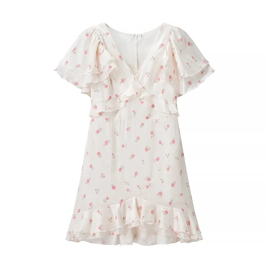 Floral impressão chá break dr v-ne puff sve em camadas decoração feminina faion outono nova chegada fino ajuste par dr