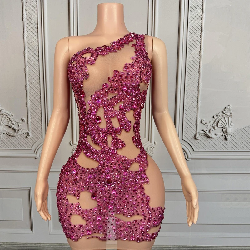 Vestido de fiesta rosa con diamantes de imitación para mujer, traje de actuación para celebración, club nocturno, Bar, Festival, vestido de noche, ropa de escenario XS10283