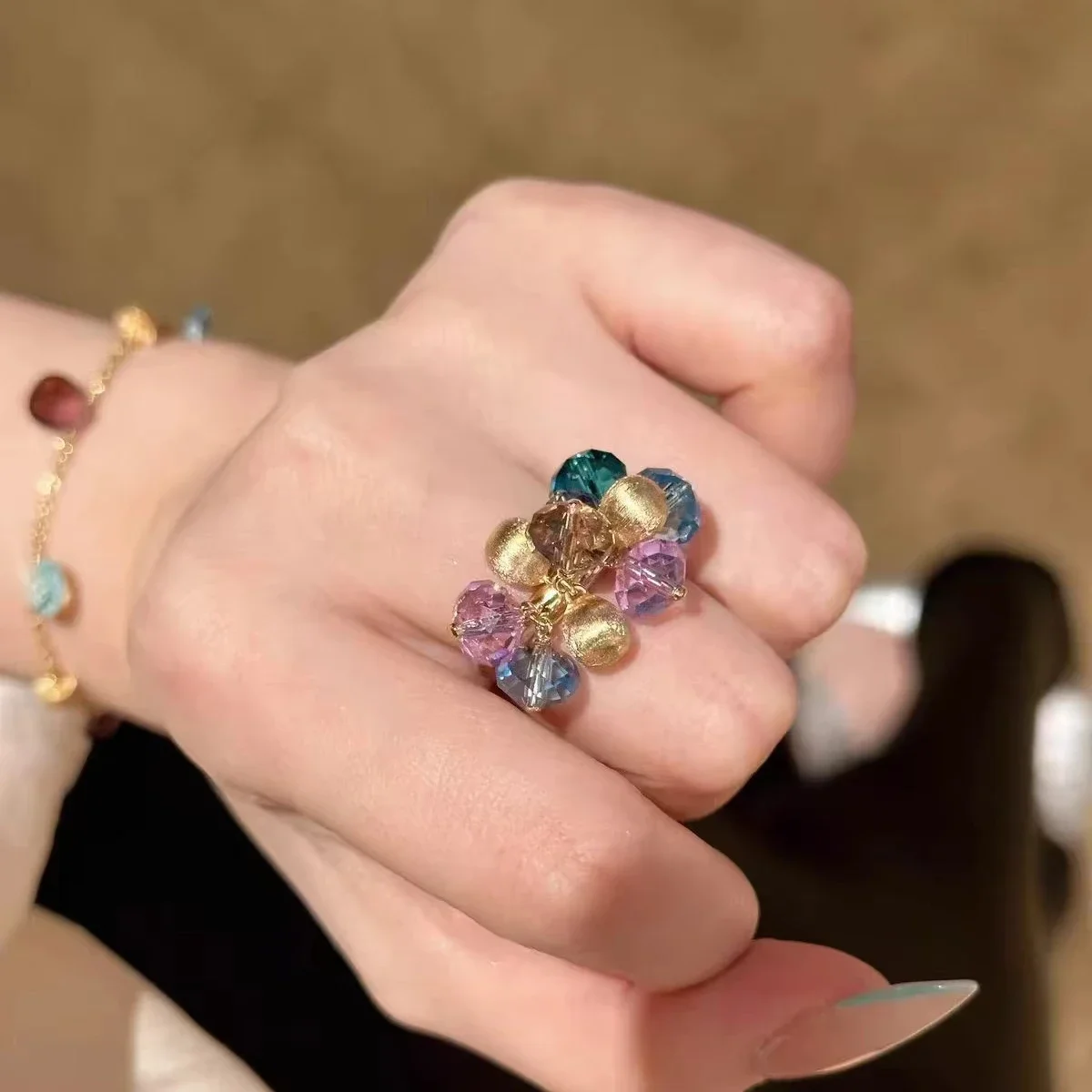 New Vintage Colorful Dopamine Color Blocking Gemstones Entwine Open Ring Women Summer Metal Versatile Finger Ring Jewelry Gifts