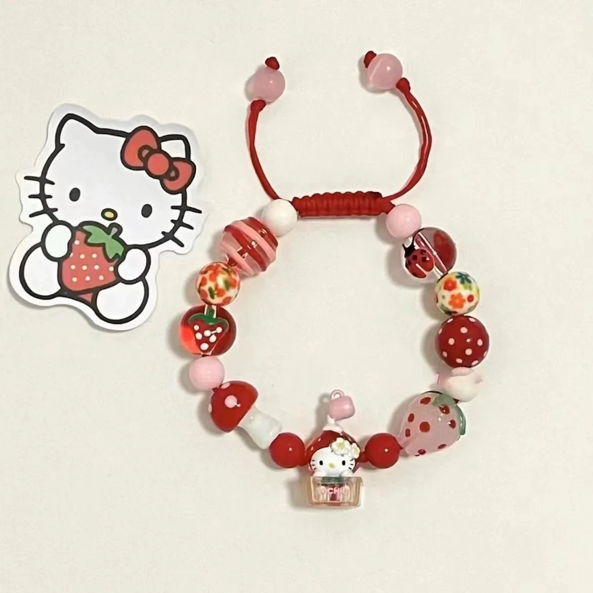 

New Sanrio HelloKitty Corded Bracelet Kawaii Cartoon Anime Accessories Beaded Bracelet Women's Jewelry Keychain Gift