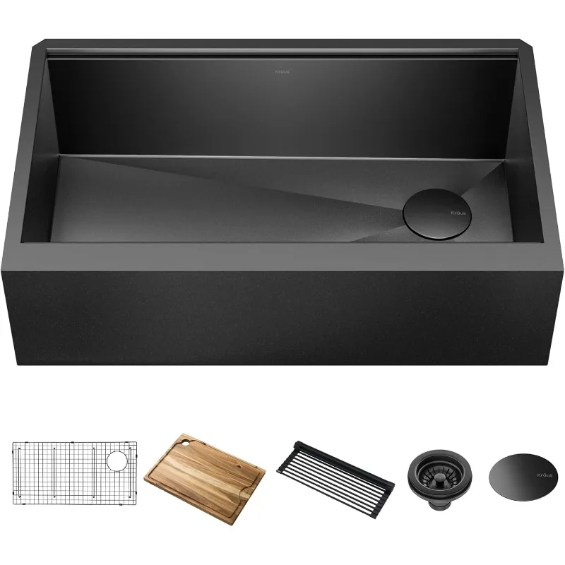 KRAUS Kore Workstation 33-inch Farmhouse Apron Front 16 Gauge Black Stainless Steel Single Bowl Kitchen Sink