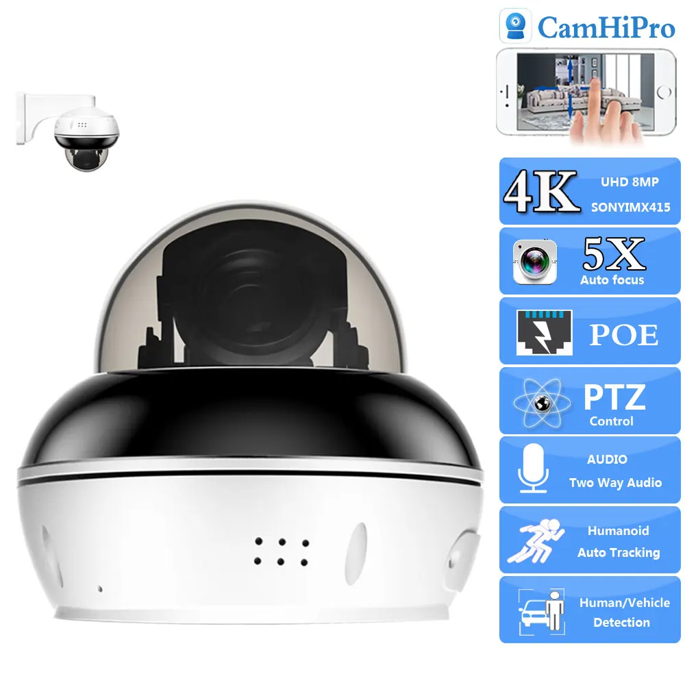 4K 8MP Sony415 Surveillance Security IP Camera POE PTZ Dome 2.7-13.5mm 5X Auto Zoom Human Tracking Two Way Audio IR 30m Outdoor