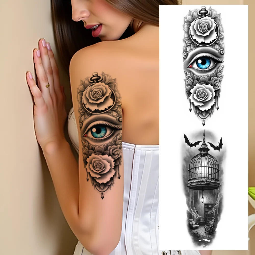 3pcs Temporary Tattoo Black And Grey Realism  Cobweb Decorative Elements Roses For Thighs Arms Women