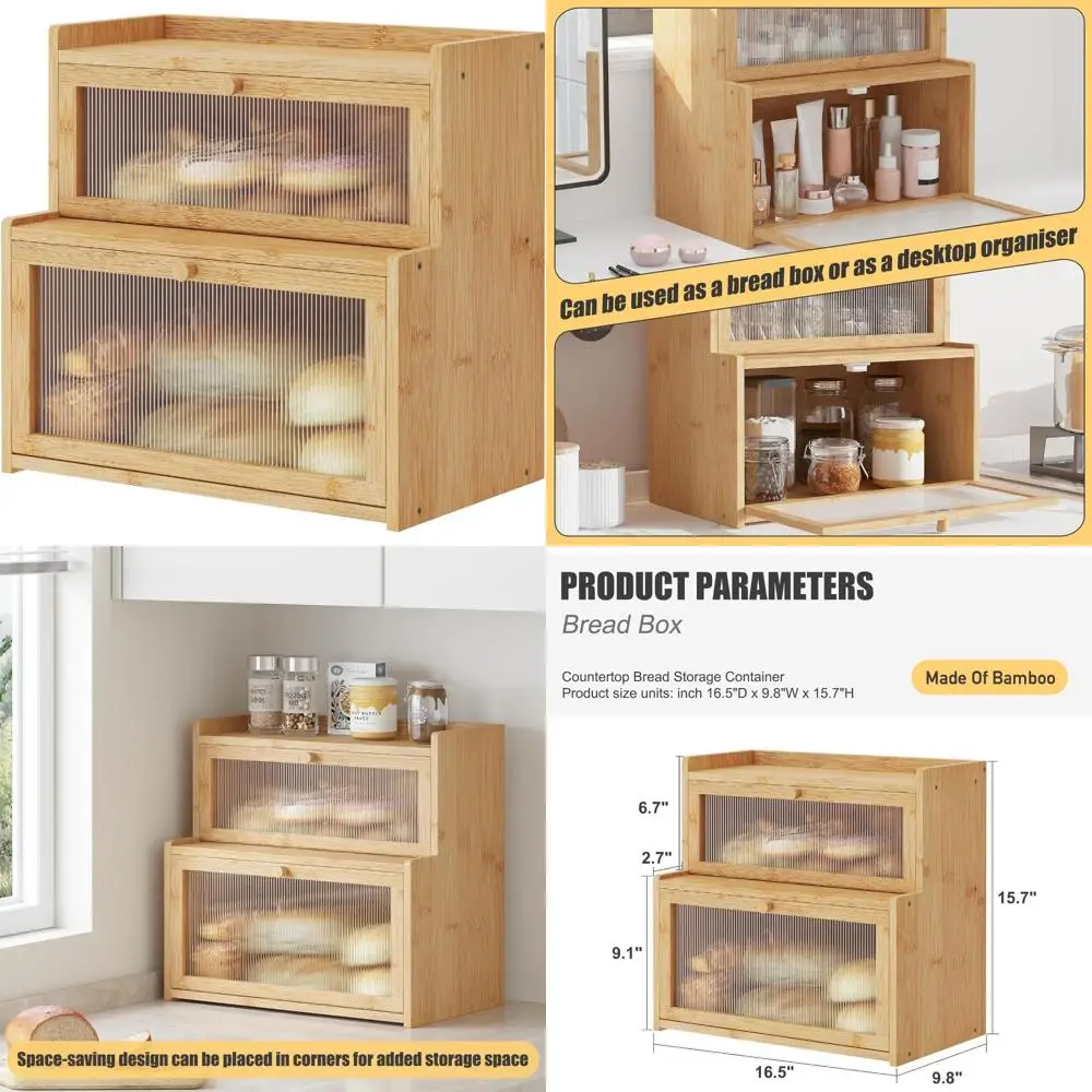 

Kitchen Countertop Bamboo Bread Box with Window - Natural Wooden Bread Holder Storage