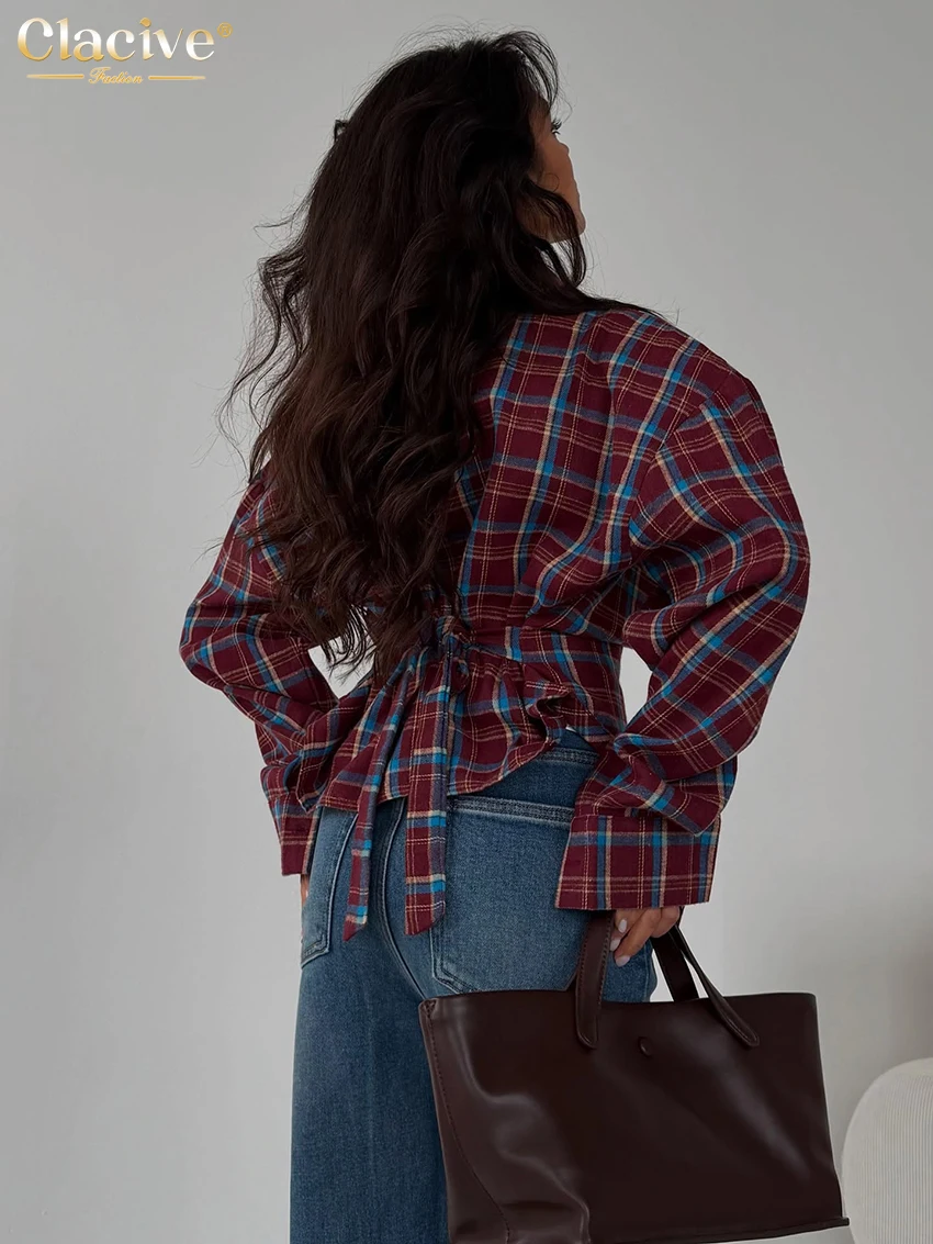 Clacive ファッションルーズチェック柄女性のブラウス 2026 ヴィンテージラペル長袖シャツエレガントなクラシックレースアップトップ女性服