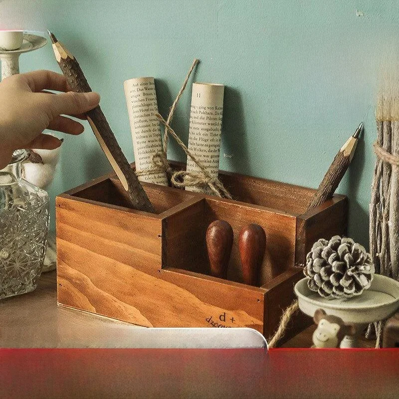 Retro Makeup Brush Holder Pen Tray Desk Accessories Learning Supplies Storage Box Zakka Style Student Desktop Organizer Wood ...