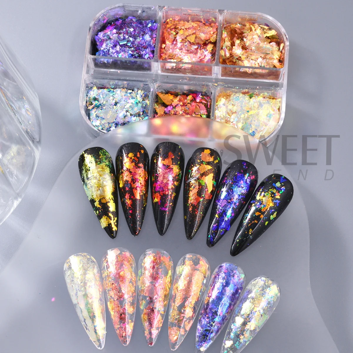 6 Grids Sparkling Aurora Opal Nail Glitter Flakes Summer Mermaid Style Spangles Iridescent Brocade Premium Manicure Decor Flash