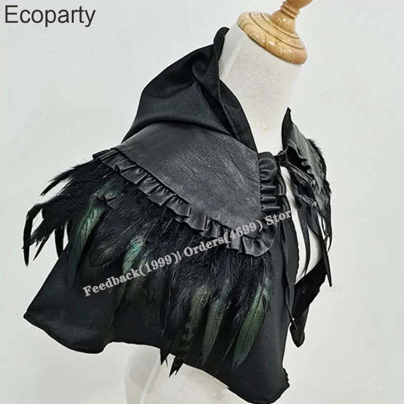 New Medieval Vintage Feather Shawl Men Women Black Gothic Knight Elf Hooded Cloak Leather Cape Halloween Party Cosplay Costume