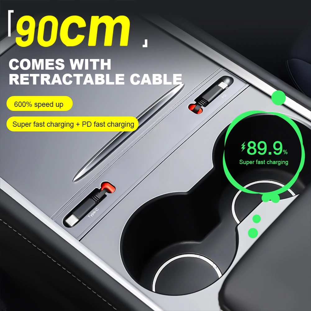 Docking Station with Retractable Cable Car USB Charger 27W PD Type C Hub Quick Charger Digital Display for Tesla Model 3 Model Y