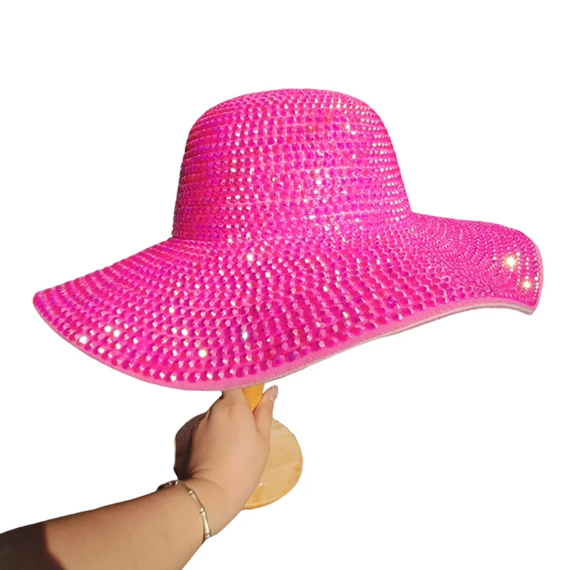 new Colorful Rhinestone dome fedora Hat Women Party Hat Sparkle Hat big brim fedora lady special caps Hepburn sombrero mujer