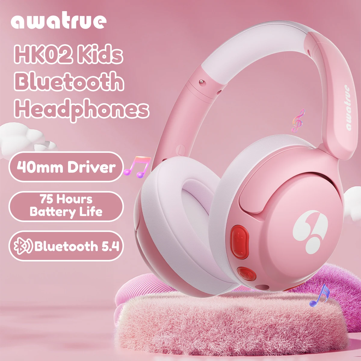 Awatrue Kinder-Bluetooth 5.4-Kopfhörer, 85 dB, sicheres Volumen, 75 Stunden Spielzeit, kabellose Over-Ear-Kleinkind-Headsets für Kinder, Weihnachtsgeschenke