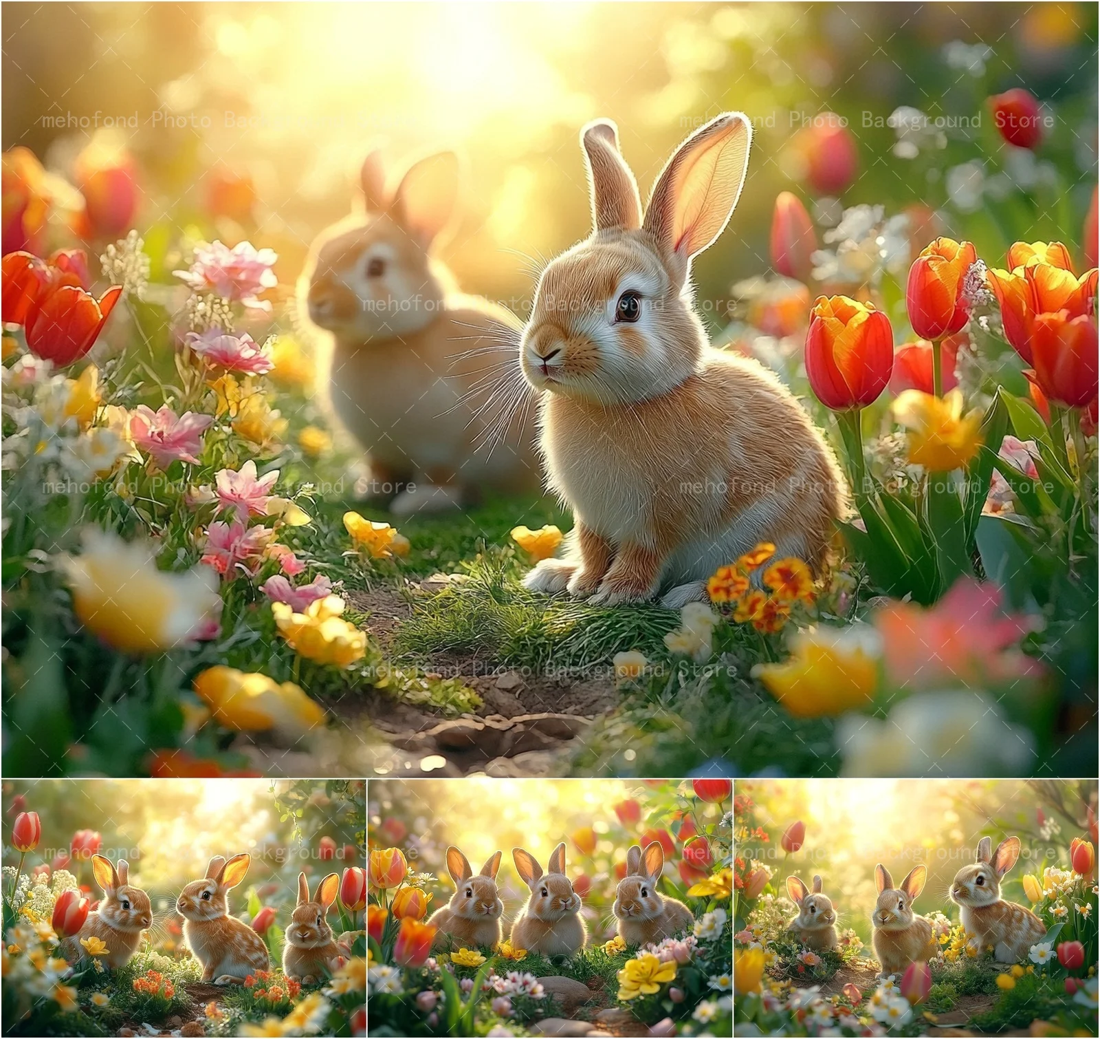 Mehofond Photography Background Spring Colorful Flowers Rabbits Sunshine Grassland Vitality Kids Family Portrait Backdrop Decor