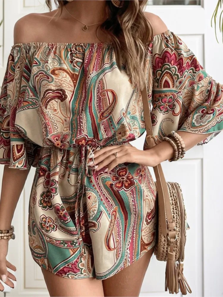 

Fashion Casual New Holiday Printed Jumpsuit 2025 Summer One Neck Seaside Off Shoulder Jumpsuit Sexy Elegant Womens Clothing