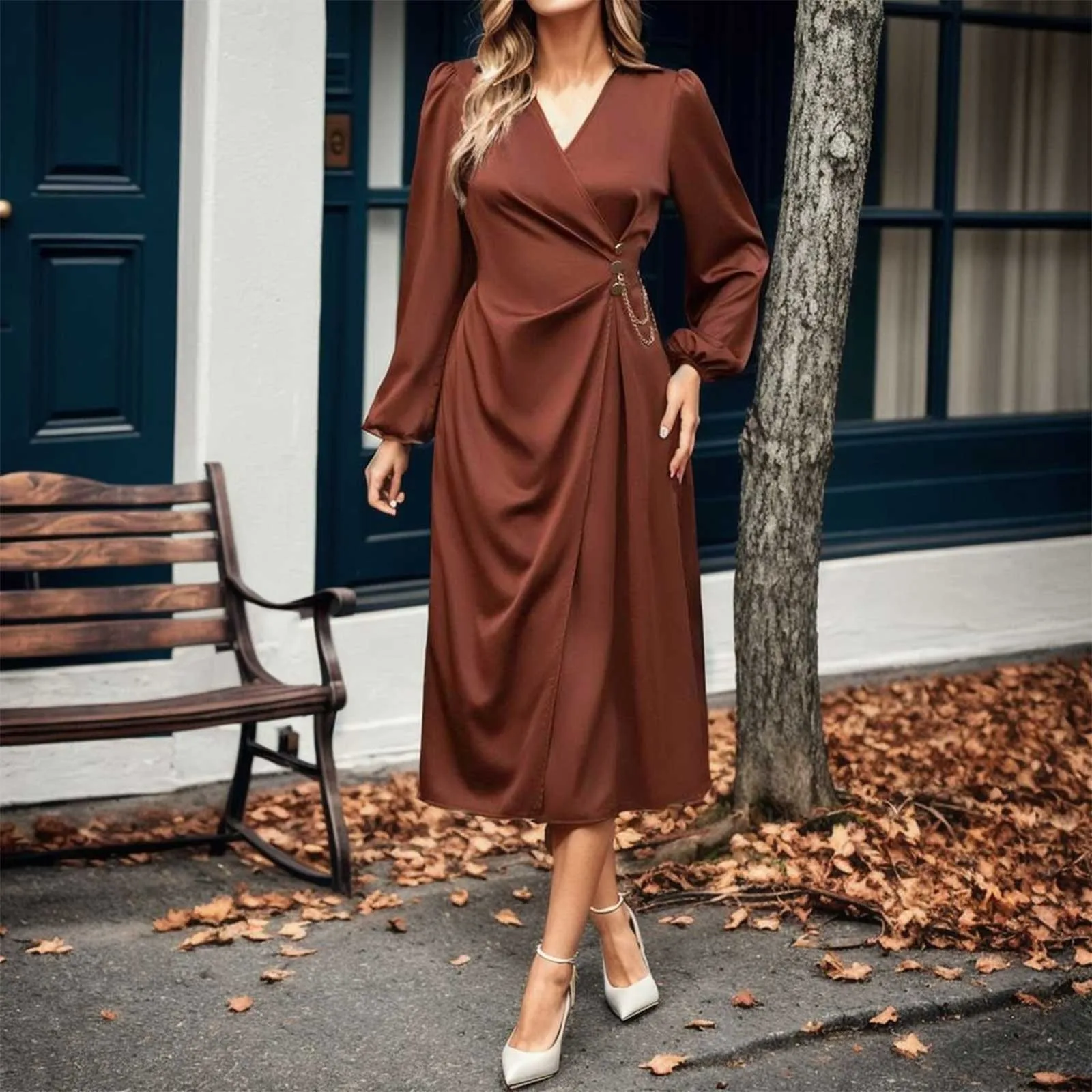 

Metal Chain Button OL Lapel Midi Dress Women Elegant V Neck Puff Sleeve Shirt Dresses Fashion Office Lady Ruched Long Vestidos