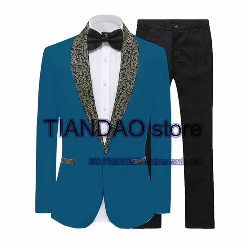 Men\'s Suit Wedding Tuxedo Gold Shawl Collar Jacket Set Formal Party Blazer Pants 2 Piece Male Complete Outfit