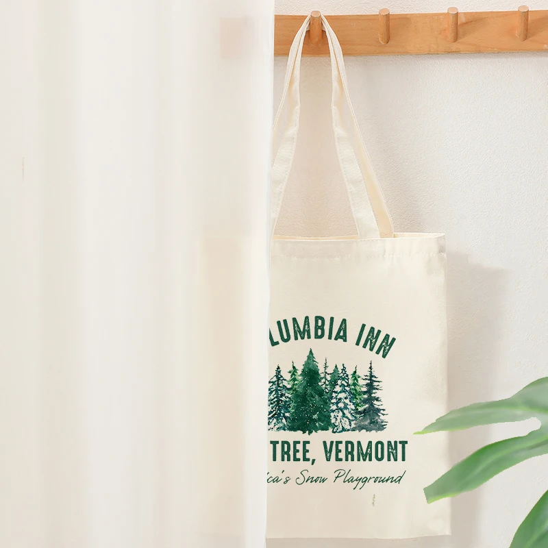 Columbia Inn Pine Tree Vermont Christmas Pattern Tote Bags Canvas Shoulder Bag Travel Daily Commute Women Reusable Shopping Bag