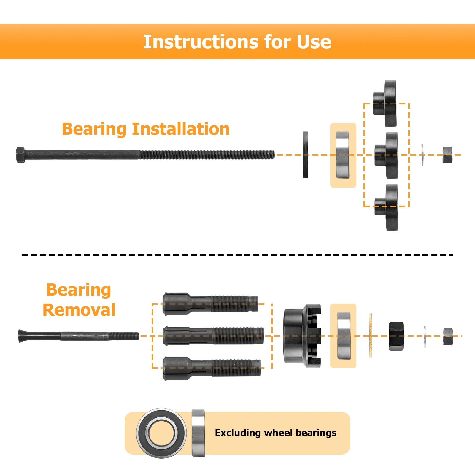 Wheel Bearing Remover and Installer Puller Tool Suite for Harley Davidson 2000+ VT102 Motorcycle 0.75\