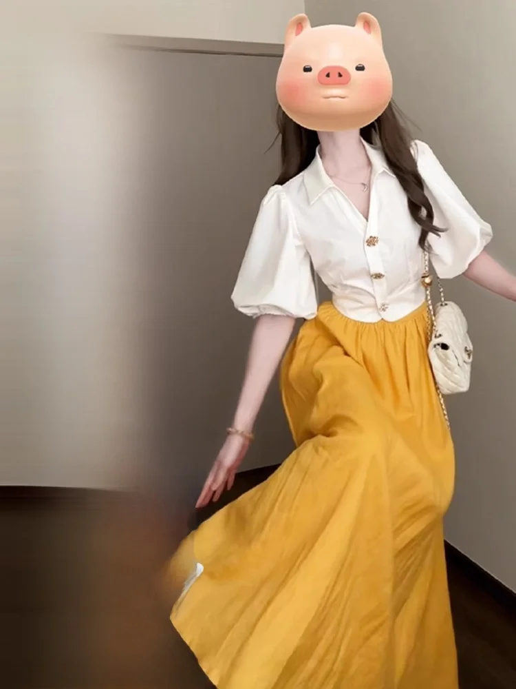 

Summer Outfit Women's Gentle Bubble Sleeve V-neck Shirt High Waist Slimming Midi Skirt Two-piece Set Casual Work Date Wear