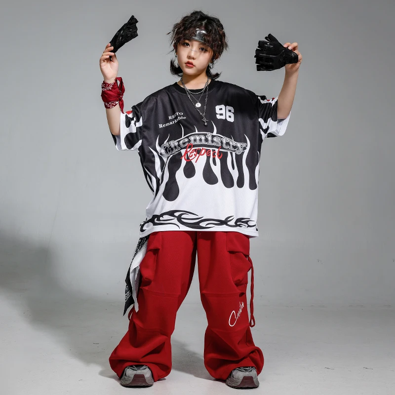 Jungen Teenager Hip Hop Kontrast T-shirt Feuer Jogger Hosen Mädchen K-pop Street Dance Kostüme Kinder Jazz Kleidung Kinder streetwear