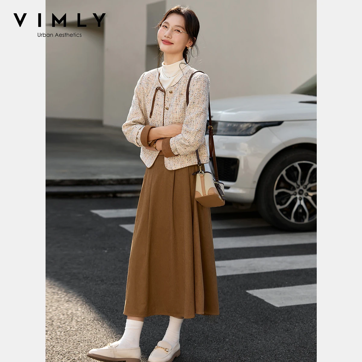 

VIMLY Woman 2 Piece Skirt Set Outfit Chinese Style Fall 2025 Tweed Spliced Cuff Jacket Brown Midi Skirt Elegant Lady Suits A2825