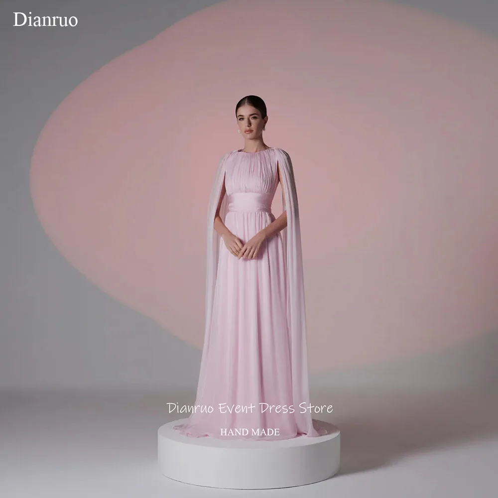 Dianruo-vestido de Noche rosa con mangas tipo capa, Vestidos de gasa fluidos Para Mujer, corte en A, escote redondo, personalizado