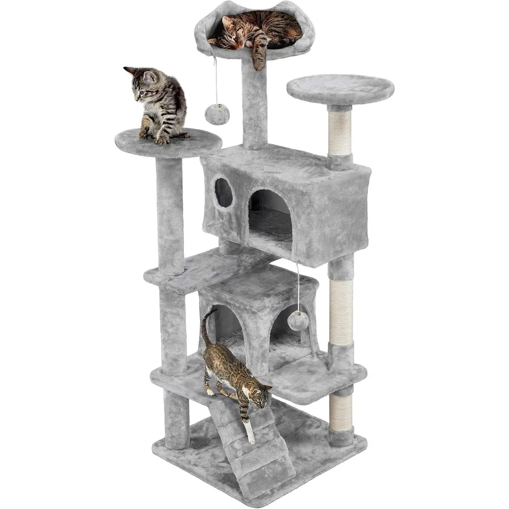 

54in Cat Tree, Cat Tower w/Large Cat Condo Scratching Posts and Perch, Cat Stand House Furniture, Light Gray