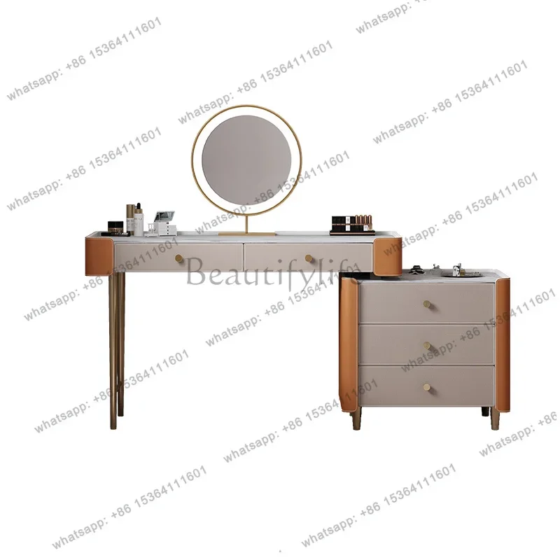 12Modern Slate Tabletop Makeup Vanity Table with LED Mirror and Storage Drawers Dressing Desk and Round Stool for Bedroom