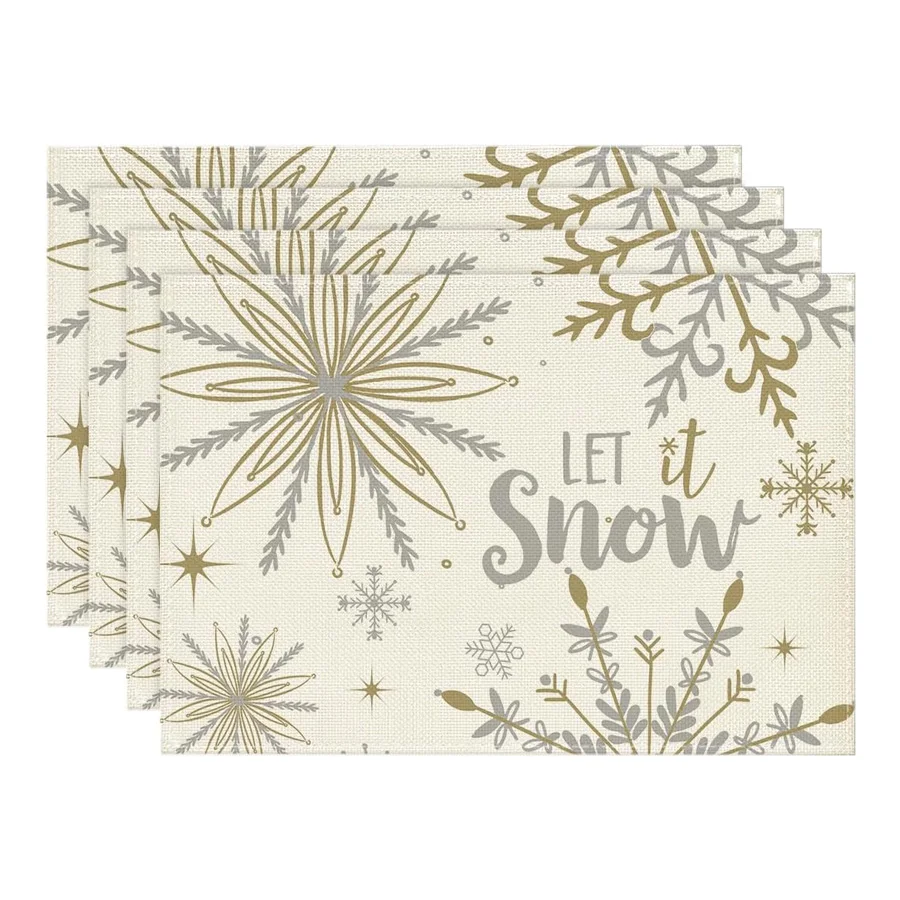 Christmas Snowflake Let It Snow Linen Placemats Set Table Decor Winter Xmas Holiday Table Mats for Kitchen Christmas Decoration