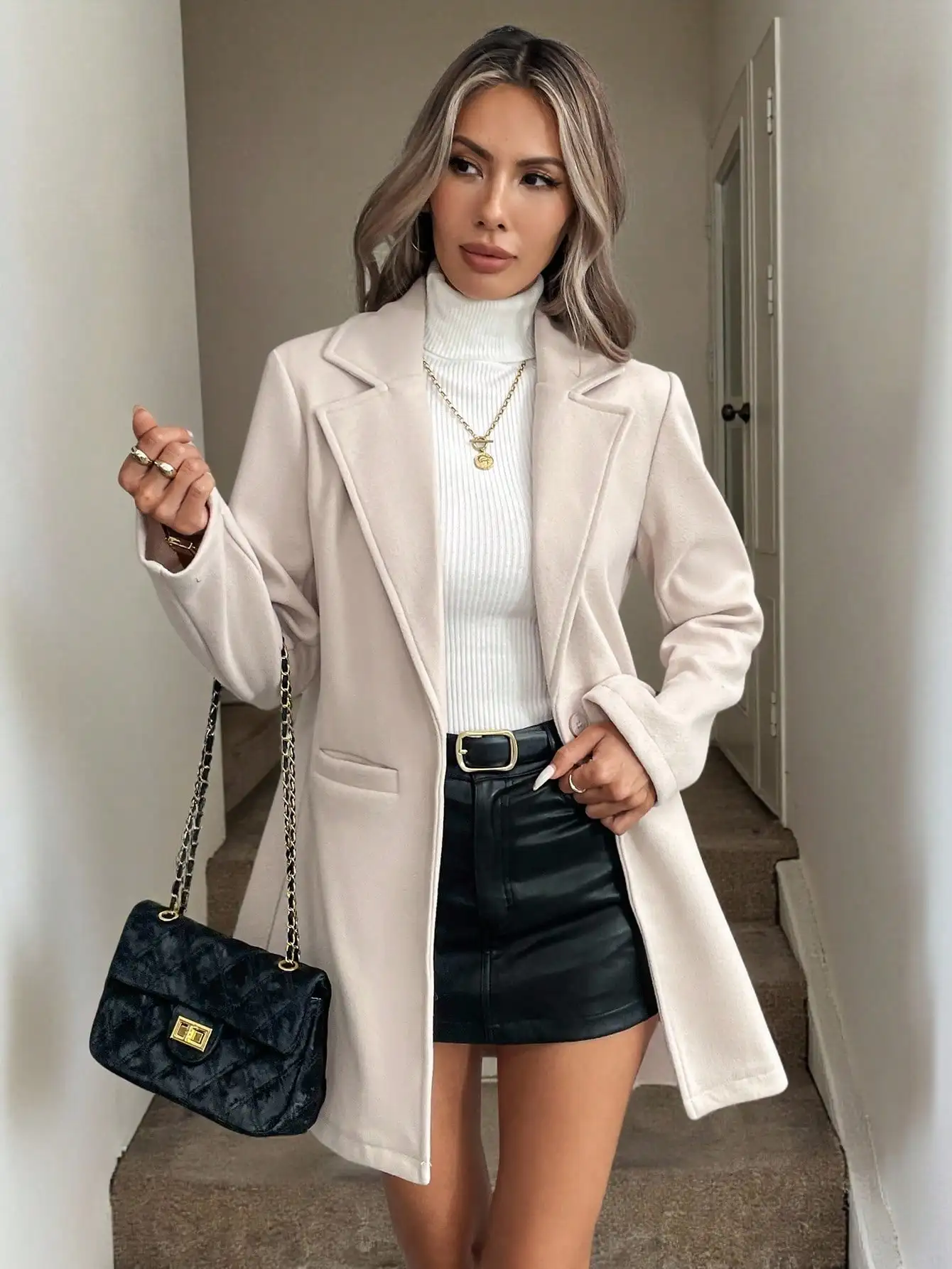 

Cream Wool Blend Longline Blazer Jacket for Women, Minimalist Office Chic