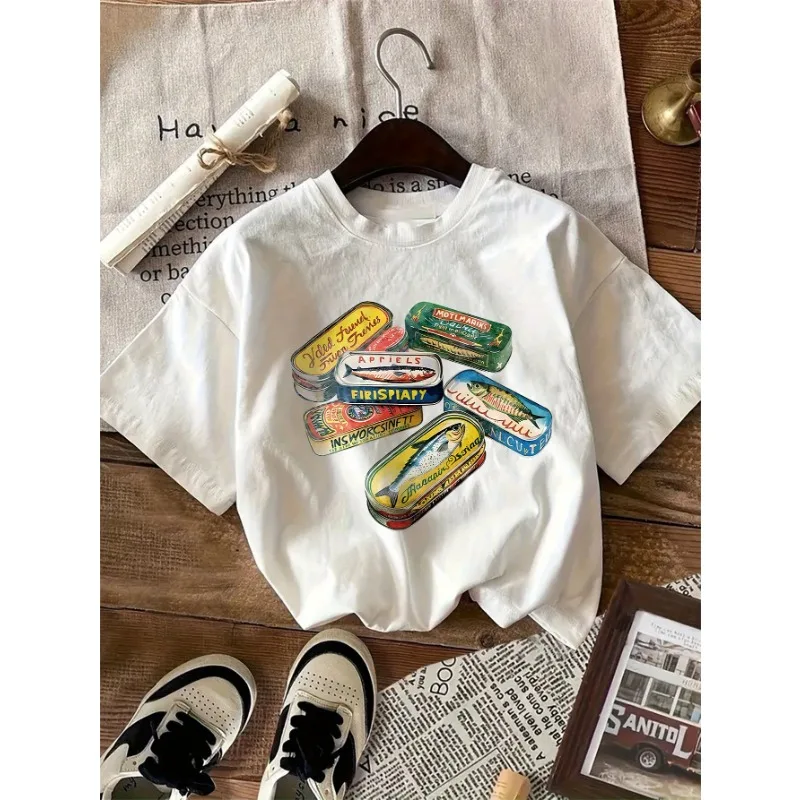 

2025 Summer Cartoon Fish Can Print Short-sleeved T-shirt Casual and Simple Style Suitable for Daily Wear and Outing in Summer