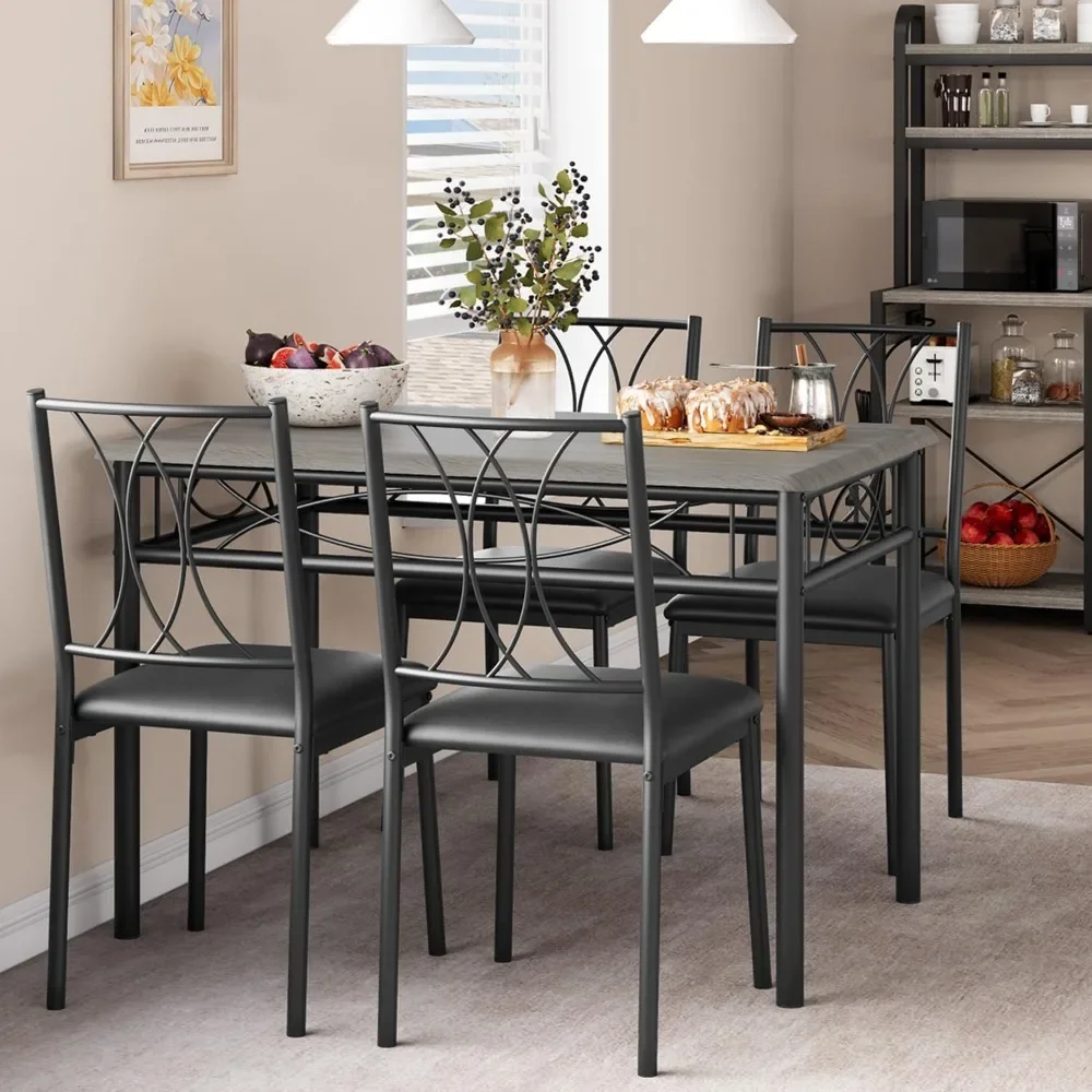 

Kitchen Table and Chair Set, Bar Counter Height Bar Table with 4 PU Upholstered Chairs with Backrests 5-piece Set