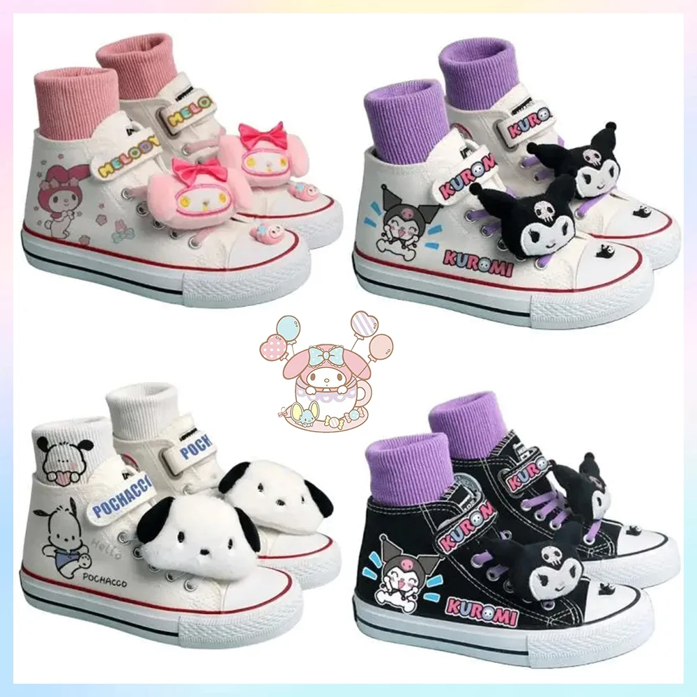 Kawaii Kids Canvas Shoes Kuromi Melody Pochacco High Top Anime Sanrios Cartoon Cute Girl Sport Shoes White Comfortable Sneakers