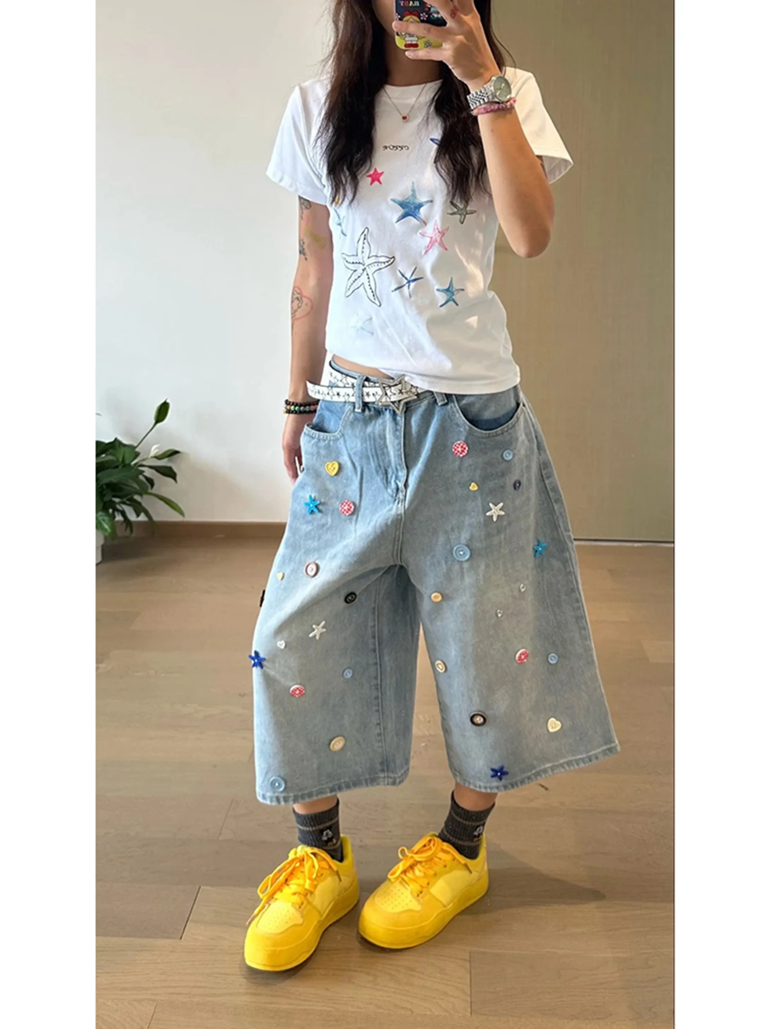 

American Retro Dopaamine Colored Button Seven-Five Jeans Men Women Summer Eight-Piece Straight Leg Wide Leg Shorts Casual Loo...