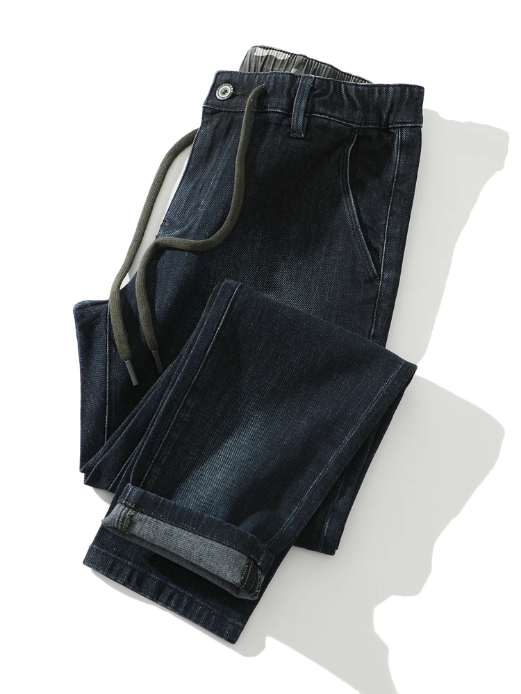 

Comfortable Breathable Men's Dstring Elastic Waist Straight Leg Jeans Enzyme Waed Lightened Color Cotton Stretch Denim