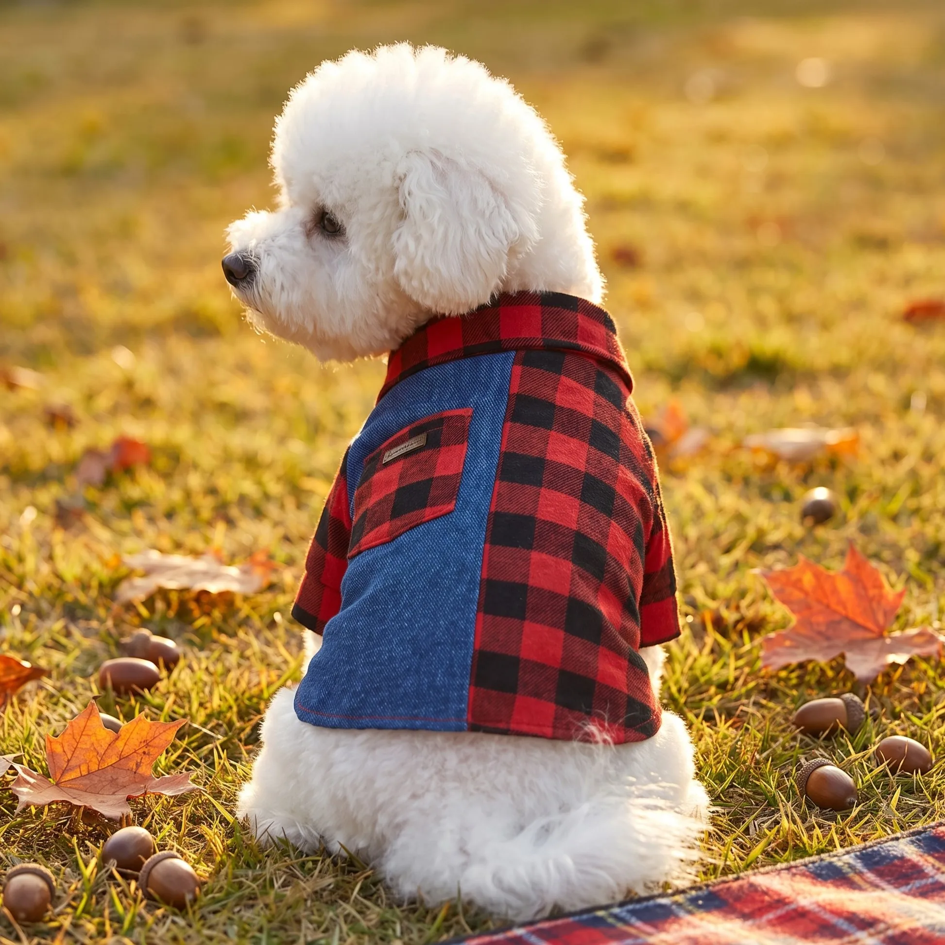 Dog shirt, red and black checkered denim patchwork lapel pet shirt, single breasted with pockets, contrasting thin fleece top