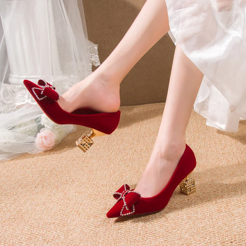 Rimocy Red Sweet Bowtie Strange Style Pumps Women Slip-On Crystal High Heels Shoes Woman Flock Pointed Toe Elegant Bridal Shoes