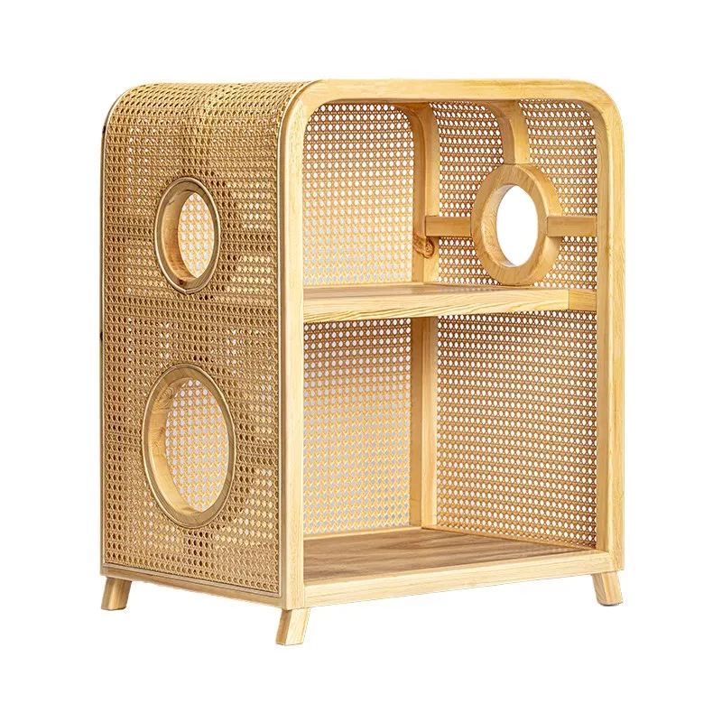 Double Layer Cat Nest, Solid Wood  Four Seasons Universal Semi-Enclosed C-Type Rattan Cat Nest Home Cat Villa  House