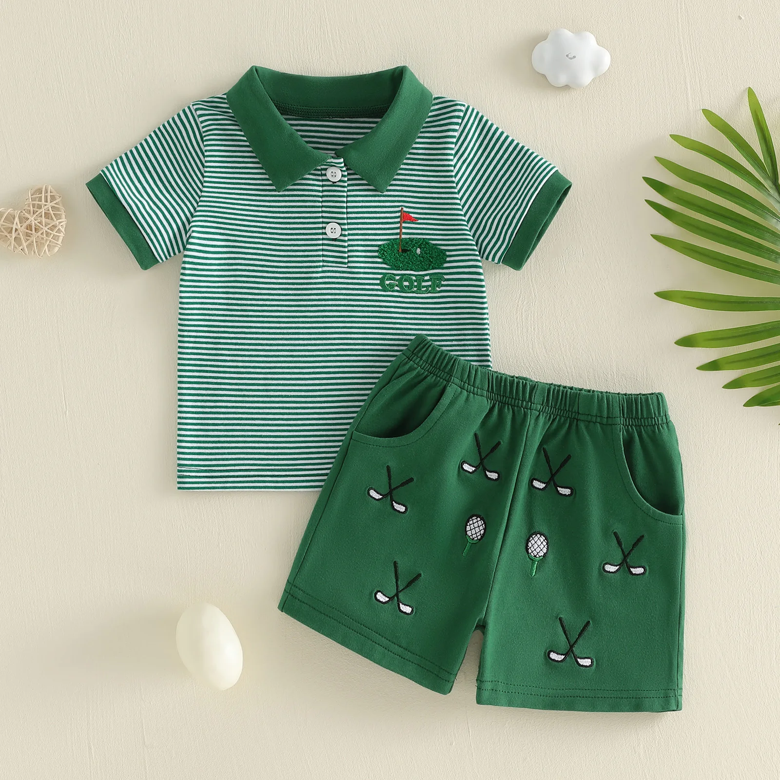 Toddler Baby Boy Golf Outfit Striped Half Button-up Collared Short Sleeve Shirt Shorts 2 Piece Summer Boys Clothes Set